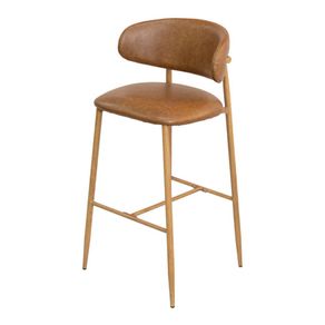 Banqueta Bela Napoli Assento Encosto Revestido em PU Caramelo Estrutura Metal Pintura Madeira Clara